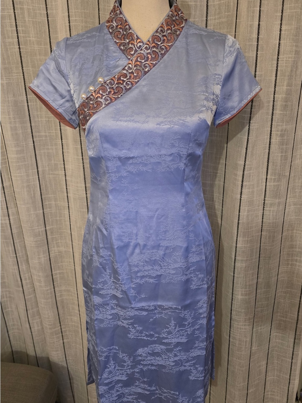 Light Blue Satin Mandarin Collar Midi Dress with Embroidered Trim